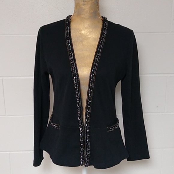 Rafaella Chain & bead details, stretch cotton, fitted, cardigan sweater, black - Picture 1 of 9